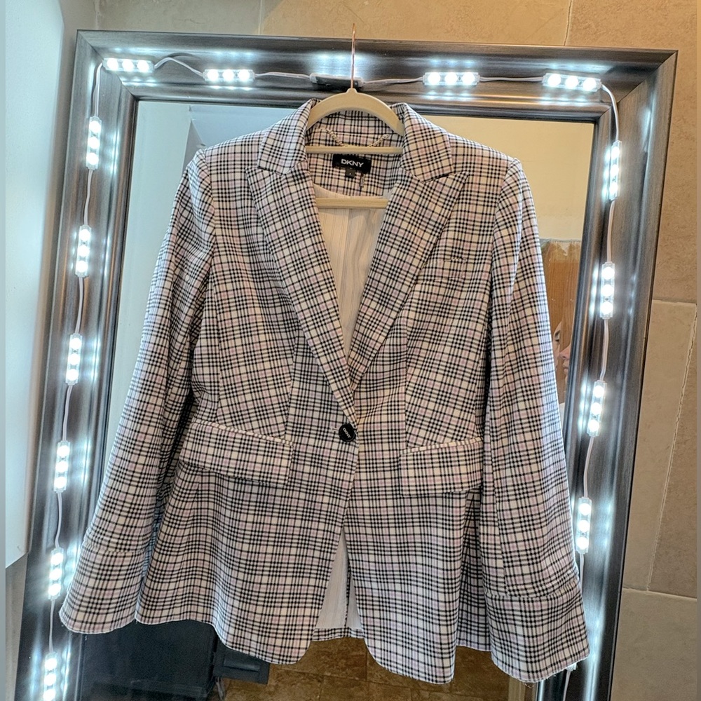 DKNY white, light purple, and black striped blazor size 2